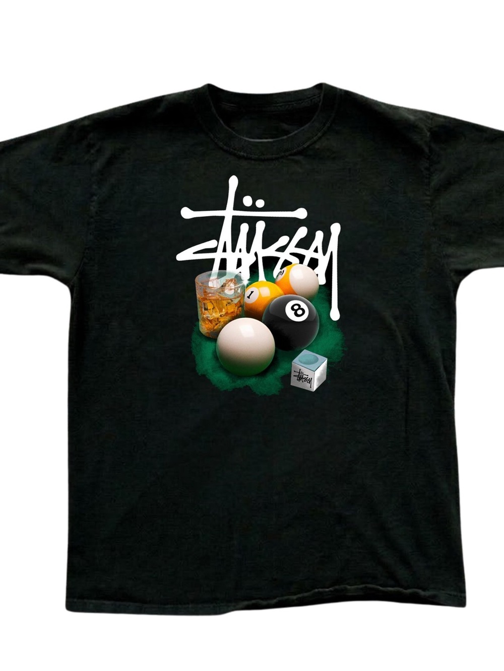 Gildan Stüssy Black Graphic Tee with Pool Balls & Drink